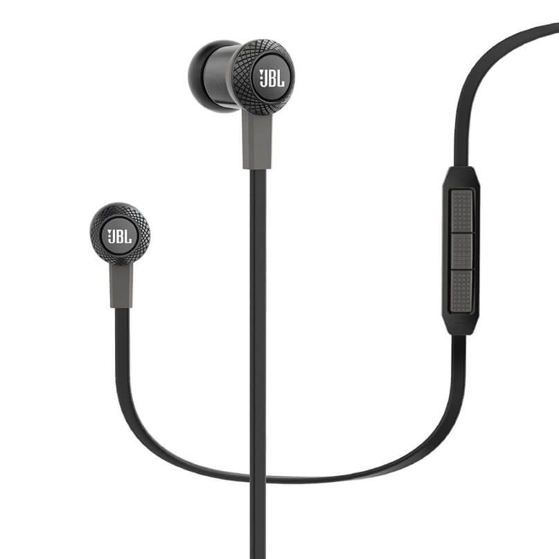 Jbl Synchros S100 In-Ear And Earbud Headphones Jbl wired in-ear headphones with inline two-button remote and black flat cable.