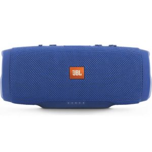 JBL portable Bluetooth speaker with blue fabric grille and orange logo.