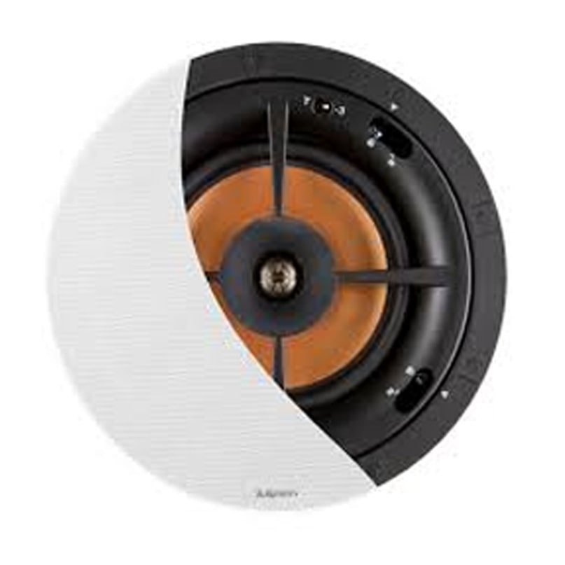 Round white ceiling speaker with orange cone and black mounting frame, grille partially removed.