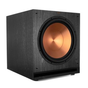 Subwoofer speaker in a dark wood cabinet with copper cone and front bass port.