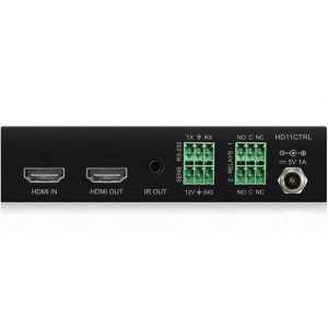 HD11CTRL back panel with HDMI IN/OUT, IR OUT, RS-232/SENS terminal blocks, relays, and 5V DC power connector.