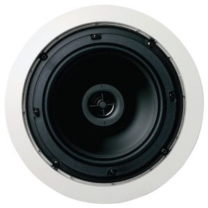 Round in-ceiling speaker with white bezel and black cone.