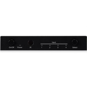 Black 4-input AV switch with On/Off switch, IR receiver, input indicators 1–4, and a select knob.