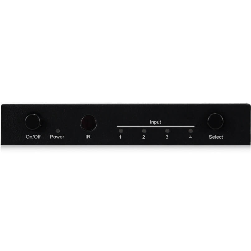 Blustream Opt41Au Audio Integration Black 4-input av switch with on/off switch, ir receiver, input indicators 1–4, and a select knob.