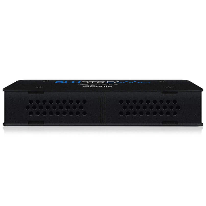 Blustream Da11Au 2Ch Analogue Audio To Dante? Converter Blustream dante network audio interface, black metal enclosure with dual vented front panels and blue blustream logo on top.