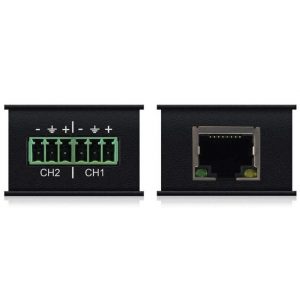 Dual-channel terminal block module with screw terminals CH2 and CH1 and an RJ-45 network jack.