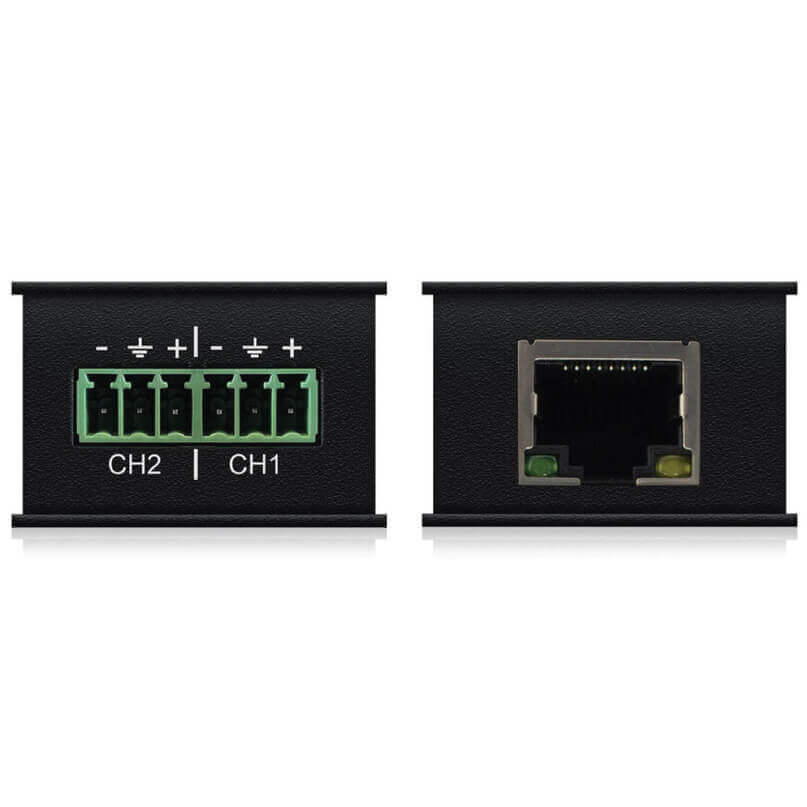 Blustream Da11Au 2Ch Analogue Audio To Dante? Converter Dual-channel terminal block module with screw terminals ch2 and ch1 and an rj-45 network jack.