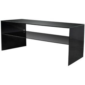 Black glossy metal console table with top surface and open middle shelf between end panels.