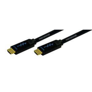 Precision branded video cable with gold-plated connectors and blue zigzag logos on black housings.