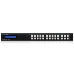 Blustream HDMI matrix switch with 16 front-panel buttons, blue LCD readout, and rack-mountable black chassis.
