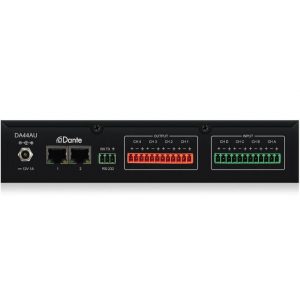 Dante DA44AU four-channel audio interface with red output and green input terminal blocks, Ethernet ports, and 12V power input.