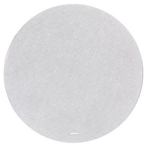 Round speaker with a light gray perforated fabric grille