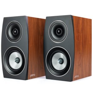 Pair of Jamo bookshelf speakers with wood veneer cabinets, each featuring a top tweeter and bottom silver woofer.