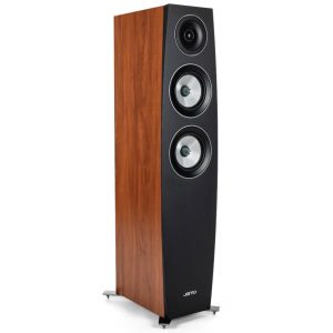 Jamo floorstanding speaker with walnut veneer and black front panel housing three circular drivers.