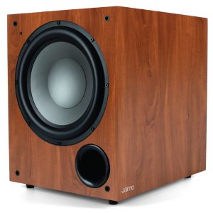 Jamo wood veneer subwoofer with large front-firing woofer and front port.