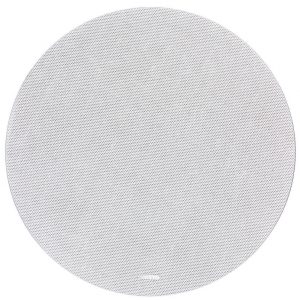 Round wireless speaker with a perforated metal grille and a small bottom control bar.