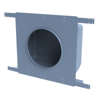 Blue metal duct mounting frame with circular opening and flange brackets.