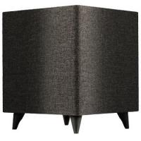 Black fabric-covered speaker cabinet on short angled feet.