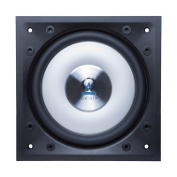 Black square speaker with a large white cone woofer and silver dust cap
