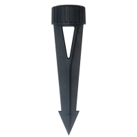 Black plastic garden stake with a pointed tip and knurled circular cap on top.