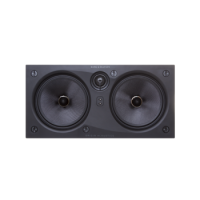 Rectangular black wall-mounted dual-woofer speaker with two large drivers and central tweeter.