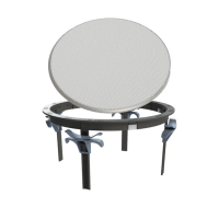 Round portable charcoal grill with white lid, black circular body, and metal four-leg stand with hooks.