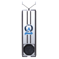 Tall metallic enclosure with blue circular emblem and a round speaker at the bottom.
