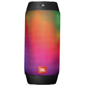 JBL Pulse 4 portable Bluetooth speaker with rainbow LED panel and orange JBL logo.