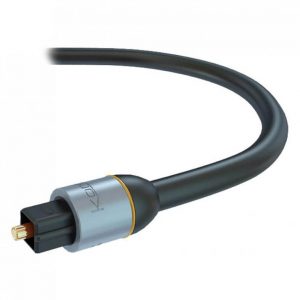 Cable with gold-plated pin and black rectangular plug connected to a silver ferrule with yellow ring and black sleeved cable.
