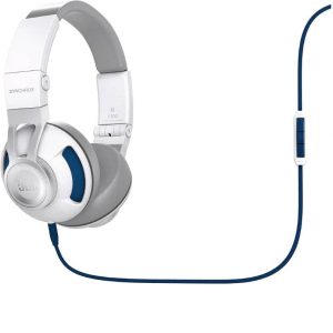 JBL Synchros over-ear headphones, white with blue accents and inline remote on a blue cable.