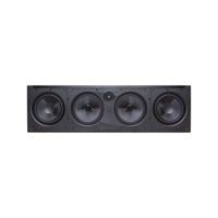 Black horizontal loudspeaker with four circular drivers in a row.