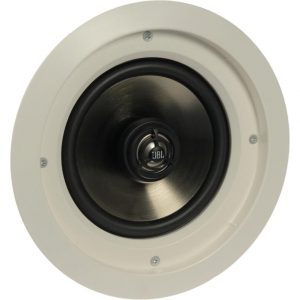 JBL round in-ceiling speaker with brushed metal cone, black surround, and center JBL logo.