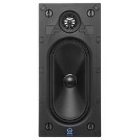 In-wall loudspeaker with black rectangular frame, oval woofer, circular tweeter at the top, and visible screws at corners.