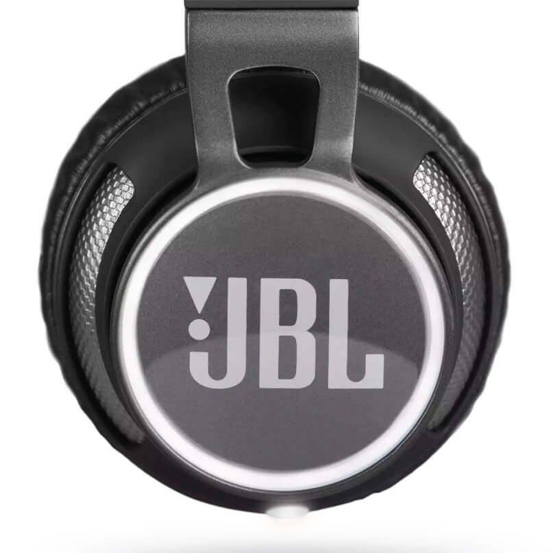 Jbl Synchros S400Bt Over And On Ear Headphones Jbl over-ear headphones with a circular silver logo plate on the earcup and black cushioned ear pads.