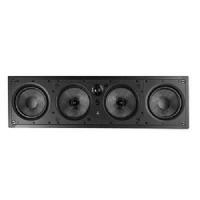 Black horizontal four-driver loudspeaker array with circular drivers in a row.