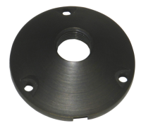 Brushed metal circular mounting plate with central through hole and three outer screw holes