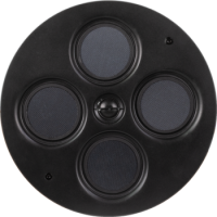 Round black speaker with five circular driver panels arranged in a cross pattern.