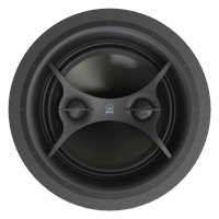 Round car subwoofer with gray cone, rubber surround, three-spoke spider, and center logo.