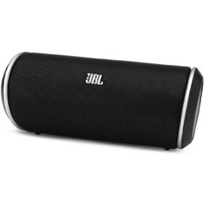 JBL portable Bluetooth speaker, cylindrical black fabric grille with silver end caps.