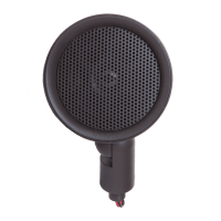 Round black microphone with perforated grille and short stem, wired to a connector at the bottom.