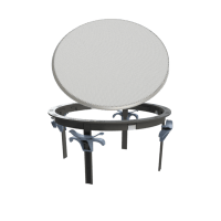Round white disc on a black metal stand with a ring-like frame and four legs.