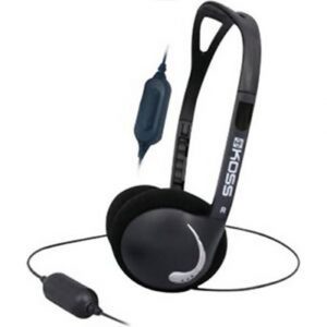 FOSS wired over-ear headphones with adjustable headband, black cushions, inline blue control on cable.
