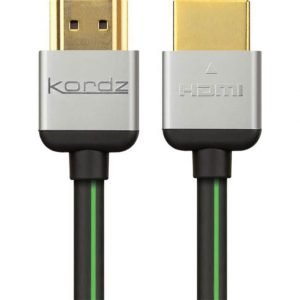 Kordz USB-A to HDMI cable with gold-plated connectors, silver housings, and a black cable with a green stripe.