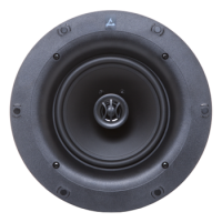 Round coaxial loudspeaker with black cone, center tweeter, gray metal frame, and eight visible screws.
