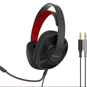 Koss over-ear wired headphones with black perforated cups and red inner padding, connected by dual 3.5mm audio jacks.