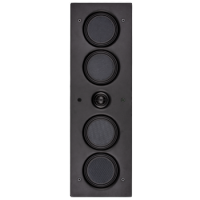 Slim rectangular black in-wall speaker with four round drivers in a vertical line.