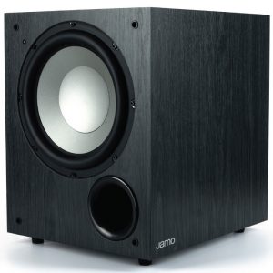 Jamo subwoofer with a black wood-grain cabinet, large front silver woofer and circular bass port.
