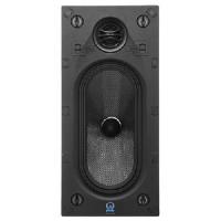 Black rectangular in-wall speaker with oval woofer behind a mesh grille and a circular port at the top.