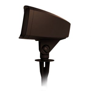Black outdoor LED floodlight with adjustable mount on a stake.
