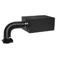 Black rectangular inline duct fan with flexible corrugated exhaust hose and square mounting flange